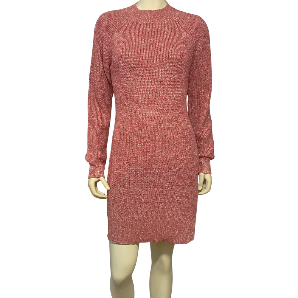 Bardot Sz L Knit Sweater Dress High Neck Long Sleeve Sparkly Pink Metallic New
